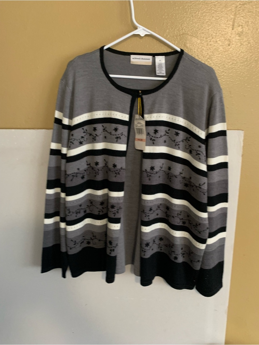 Alfred Dunner Gray, Black & White Striped Open Cardigan